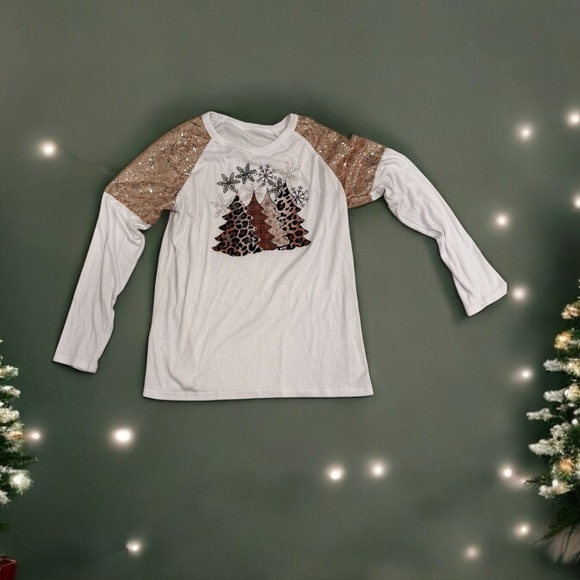 XL Leopard Christmas Tree Snowflake Sequins Splicing Blouse Tee Shirt - Picture 1 of 7